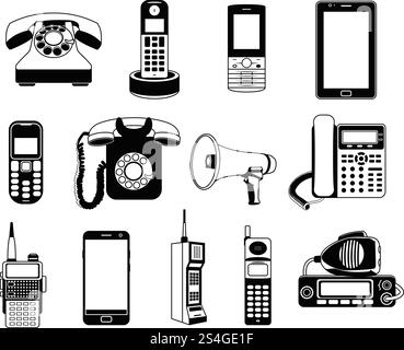 Silhouette of telephones and smartphones. Vector monochrome pictures. Illustration of phone and smartphone, equipment communication device. Silhouette of telephones and smartphones. Vector monochrome pictures Stock Vector