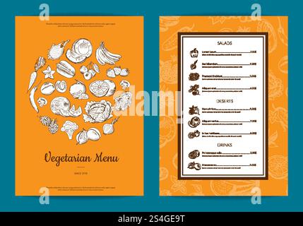 Vector handdrawn fruits and vegetables vegan menu template with frame ...