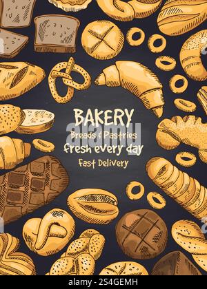 Baked bread and pastry chalkboard sketch vector. Vienna wheat and ...