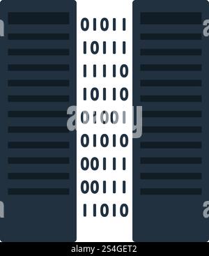 Server Icon. Two Servers Rack and Binary Code Between. Flat color design. Data series. Vector illustration. Stock Vector