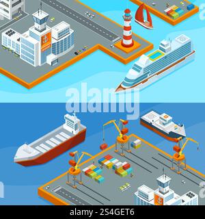Horizontal vector banners with sea ships in port. Business sea transportation illustration. Horizontal vector banners with sea ships in port Stock Vector