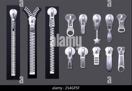 Metal and plastic fasteners, zippers. Garment components and handbag accessories vector set. Fastener and zipper isolated, realistic zippered accessories illustration. Metal and plastic fasteners, zippers. Garment components and handbag accessories vector set Stock Vector