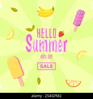 Hello summer sale. Colorful background with ice cream and fruits. Sale ice cream with exotic fruits. Vector illustration. Hello summer sale. Colorful background with ice cream and fruits Stock Vector
