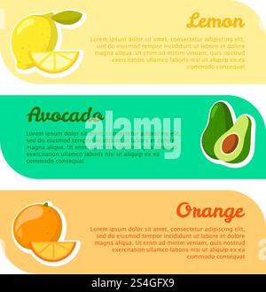 Cards with space for your text. fruits benefits. Lemon, avocado and orange. Template banner set vector illustration. Cards with space for your text. fruits benefits. Lemon, avocado and orange Stock Vector