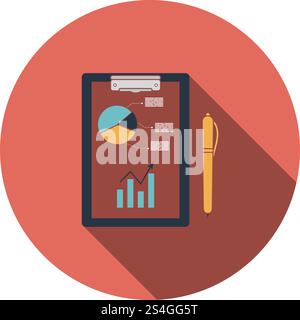 Writing tablet with analytics chart and pen icon. Flat color design. Vector illustration. Stock Vector