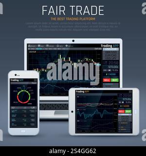 Laptop and smartphone with business market app. Financial charts and exchange currency vector concept. Illustration of business data chart exchange, financial stock on laptop. Laptop and smartphone with business market app. Financial charts and exchange currency vector concept Stock Vector