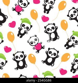 Funny cartoon panda baby bear vector childrens seamless pattern. Panda funny background, seamless pattern with wild character panda teddy illustration. Funny cartoon panda baby bear vector childrens seamless pattern Stock Vector
