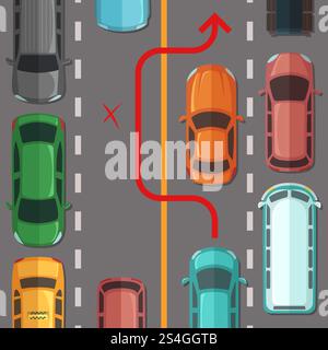 Vector breaking road rule top view cars on the road illustration. Vector breaking overtaking road rule Stock Vector