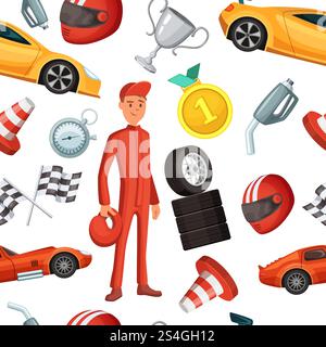 Seamless pattern with racer and racing sport cars. Vector sport illustrations formula one competition background. Seamless pattern with racer and racing sport cars. Vector sport illustrations Stock Vector