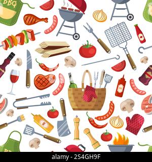 Seamless pattern. Different foods for bbq party. Vector barbecue background, bbq pattern party illustration. Seamless pattern. Different foods for bbq party Stock Vector