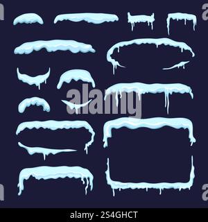 Set of different winter snow caps and icicles. Borders and dividers in cartoon style. Snow cap and snowdrift effect design. Vector illustration. Set of different winter snow caps and icicles. Borders and dividers in cartoon style Stock Vector