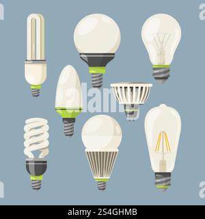 Incandescent bulbs, halogen and other different types. Vector pictures in cartoon style. Lamp bulb electric halogen, lightbulb power invention illustration. Incandescent bulbs, halogen and other different types. Vector pictures in cartoon style Stock Vector