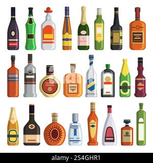 Different alcoholic drinks in bottles. Alcohol bottle drink whiskey and champagne, vodka and martini, brandy and rum, vector illustration. Different alcoholic drinks in bottles Stock Vector