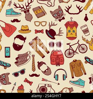 Seamless pattern with specific elements of hipster style. Hand drawn pictures. Hipster background texture with glasses and animal. Vector illustration. Seamless pattern with specific elements of hipster style. Hand drawn pictures Stock Vector