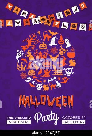 Vector halloween party invitation poster template with circle of witches, pumpkins, ghosts, spiders silhouettes, garlands and place for text. Halloween poster banner card party holiday illustration. Vector halloween party invitation poster template with circle of witches, pumpkins, ghosts, spiders silhouettes, garlands and place for text Stock Vector