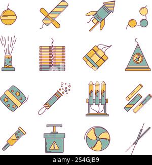 Dynamite, bomb, fireworks and other pyrotechnics tools. Vector linear illustration. Firecracker and pyrotechnic, petard and rocket vintage style. Dynamite, bomb, fireworks and other pyrotechnics tools. Vector linear illustration Stock Vector
