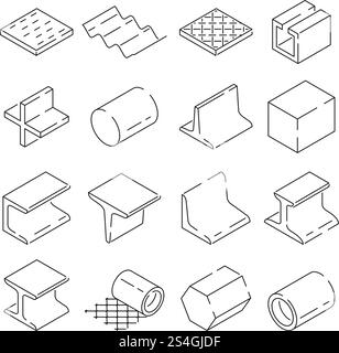 Isometric symbols of metallurgy. Pictures of iron and steel tools. Vector illustration in linear style. Metal tool and linear, pipe production, profile armature. Isometric symbols of metallurgy. Pictures of iron and steel tools. Vector illustration in linear style Stock Vector