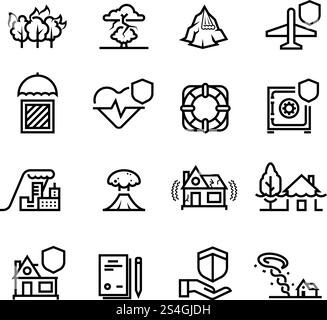 Insurance cases and natural disasters line icons. Property, life and health safety outline symbols. Insurance and protection health and house. Vector illustration. Insurance cases and natural disasters line icons. Property, life and health safety outline symbols Stock Vector