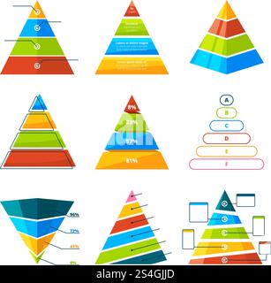Set of different triangles and pyramids with levels. Vector symbols for infographic. Collection of pyramid diagram triangle, chart and graph template illustration. Set of different triangles and pyramids with levels. Vector symbols for infographic Stock Vector