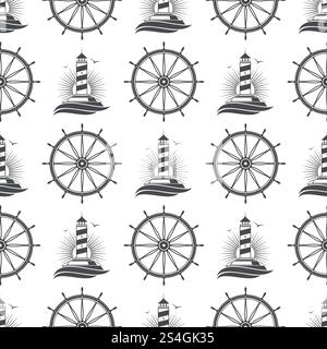 Marine nautical seamless pattern background design with vintage lighthouse and wheel. Vector illustration. Marine nautical seamless pattern design with vintage lighthouse and wheel Stock Vector