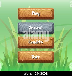 Vector cartoon style wooden enabled and disabled buttons with text for game design on wooden texture background illustration. Vector cartoon style wooden buttons Stock Vector