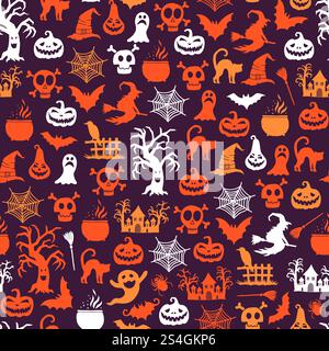 Vector halloween pattern background with witches, pumpkins, ghosts, spiders silhouettes. Halloween silhouette pumpkin spider and ghost illustration. Vector halloween pattern background with witches, pumpkins, ghosts, spiders silhouettes Stock Vector