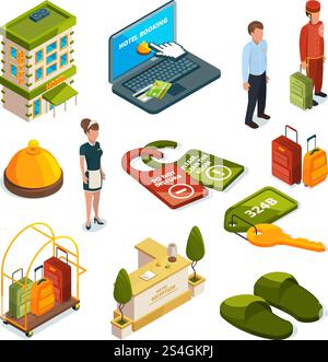 Hotel services. Isometric illustrations. Reception to motel, lobby and tag do not disturb vector. Hotel services. Isometric illustrations Stock Vector