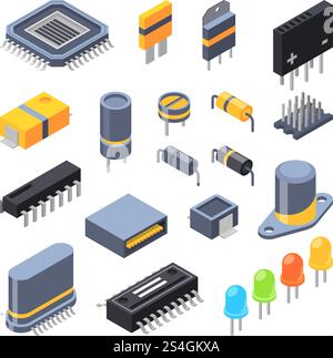 Capacitor, different chips, semiconductor and electrical components for electronic parts. Vector electrical component technology illustration. Capacitor, different chips, semiconductor and electrical components for electronic parts Stock Vector