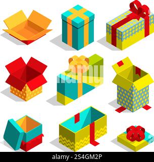 Different christmas box for gifts. Isometric pictures set gift box to birthday and christmas holiday, vector illustration. Different christmas box for gifts. Isometric pictures set Stock Vector