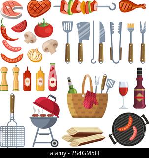 Different special tools and food for barbecue party. Grilled vegetables, meat, steak and sausage. Bbq grill and food grilled, tools and vegetables illustration. Different special tools and food for barbecue party. Grilled vegetables, meat, steak and sausage Stock Vector