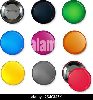 Empty circle badges or buttons at different colors. Vector illustrations. Color badge pin collection. Empty circle badges or buttons at different colors. Vector illustrations Stock Vector
