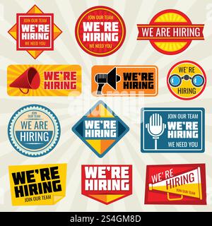 Now hiring employer, promotion at work vector badge and labels. We hiring label and badge sticker collection illustration. Now hiring employer, promotion at work vector badge and labels Stock Vector