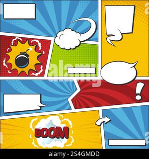 Comic book vector frame set with speech bubbles. Comics page template. Book halftone with speech comic bubble illustration. Comic book vector frame set with speech bubbles. Comics page template Stock Vector