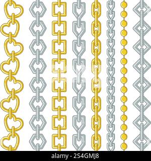 Gold and silver chains. Vector collection set isolate on white. Set of gold and silver chain illustration. Gold and silver chains. Vector collection set isolate on white Stock Vector