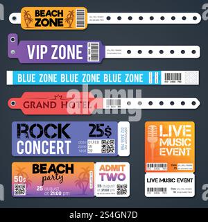 Event entrance vector bracelets and stadium zone admission tickets templates isolated. Bracelet for entry and admit to show concert illustration. Event entrance vector bracelets and stadium zone admission tickets templates isolated Stock Vector