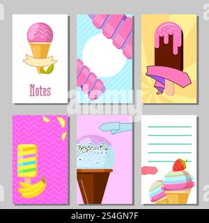 Banner set of cute sweet backgrounds. Ice cream and fruits summer cards. Vector illustration. Banner set of cute sweet backgrounds. Ice cream and fruits summer cards Stock Vector
