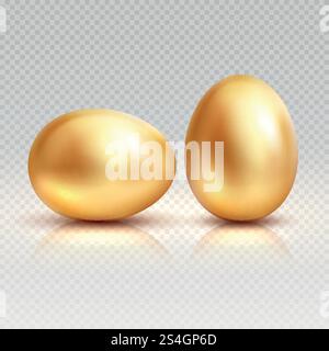Golden eggs realistic vector illustration for easter greeting card. Gold egg and realistic yellow bright of set. Golden eggs realistic vector illustration for easter greeting card Stock Vector