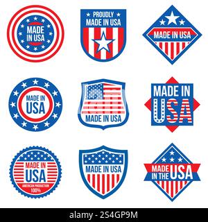 Made in the usa vector labels. American manufacturing stickers. Usa sticker label, american emblem badge illustration. Made in the usa vector labels. American manufacturing stickers Stock Vector