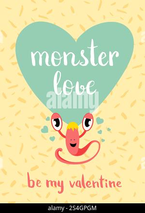 Vector Valentines Day monster love card with blue heart, cute monster and lettering on confetti background. Love banner and poster illustration. Vector Valentines Day monster love card with blue heart, cute monster and lettering on confetti background Stock Vector