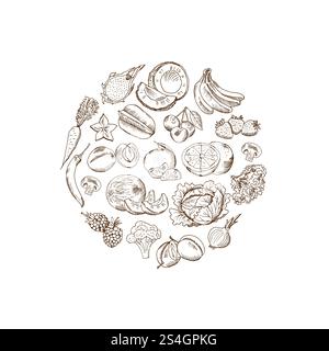 Vector sketched hand drawn vegetables and fruits illustration in rounded shape form isolated on white background. Vector sketched vegetables and fruits set in rounded shape isolated on white background Stock Vector