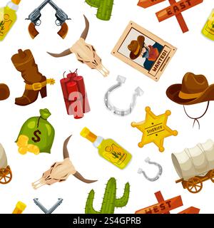 Cowboy, boots, guns and other wild west objects in cartoon style. Vector seamless pattern wild west concept with gun and cactus, star and horseshoe illustration. Cowboy, boots, guns and other wild west objects in cartoon style. Vector seamless pattern Stock Vector