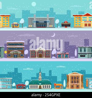 Urban landscape in winter season. Snowy weather. Vector pictures in cartoon style. Urban city street winter weather illustration. Urban landscape in winter season. Snowy weather. Vector pictures in cartoon style Stock Vector