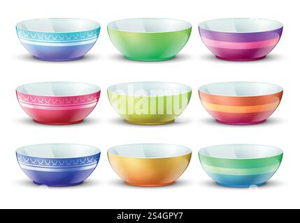 Colourful empty bowls isolated. Porcelain kitchen food plates vector set. Plate porcelain tableware, colored dishware bowl collection illustration. Colourful empty bowls isolated. Porcelain kitchen food plates vector set Stock Vector