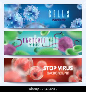 Microbiology and medical vector web banners with 3d bacteria and viruses. Virus and bacteria microbe medical illustration. Microbiology and medical vector web banners with 3d bacteria and viruses Stock Vector