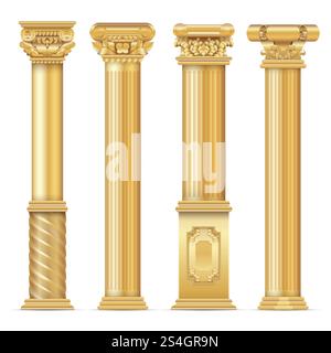 Classic antique gold columns vector set. Illustration of architecture column, architectural classic pillar. Classic antique gold columns vector set Stock Vector