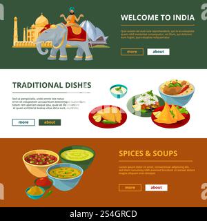 Indian cuisine and different traditional elements. Horizontal banners with place for your text. Indian national dish, traditional asian cuisine banner illustration. Indian cuisine and different traditional elements. Horizontal banners with place for your text Stock Vector