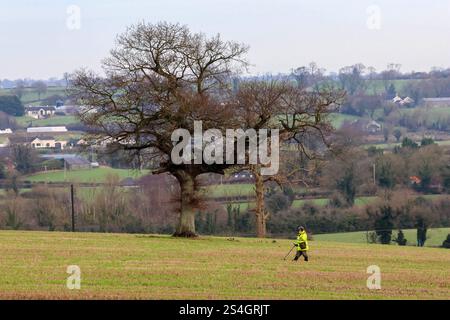 Moira Demesne, Moira, County Down, Northern Ireland, UK. 12 Jan 2025. UK weather - milder weather has arrived in Moira, with temperatures jumping up dramatically to a heady 6C. However it is still January and cold in the breeze. An individual combing a field with a metal detector. Credit: CAZIMB/Alamy Live News. Stock Photo