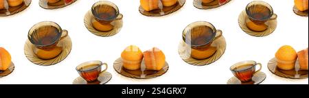 Seamless pattern with set cups of tea and delicious cupcakes isolated on white background. Stock Photo