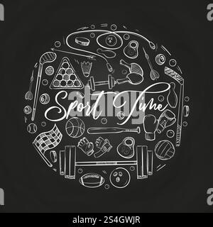 Hand drawn sports things vector illustration isolated on black board. Hand drawn sports things vector on blackboard Stock Vector