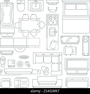 Top view of different furniture set for layout of the apartment. Vector mono line pictures set. Linear apartment house plan, bedroom and kitchen illustration. Top view of different furniture set for layout of the apartment. Vector mono line pictures set Stock Vector